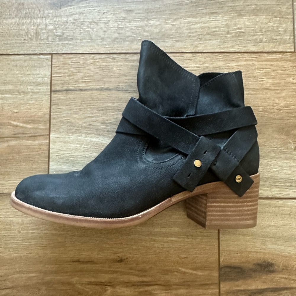 UGG Elora Black Ankle Boots with Strap and Block Heel